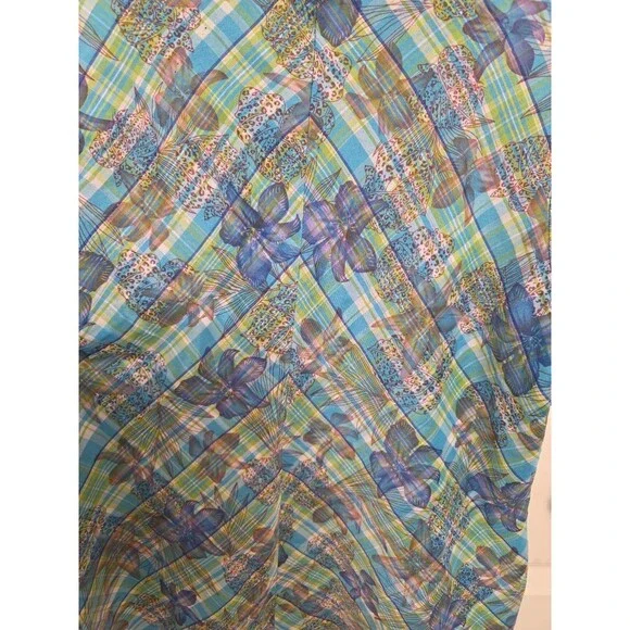 Hollywood Women’s Sheer Button Up Blouse Blue Green Floral Plaid Short Sleeve – - Picture 8 of 12